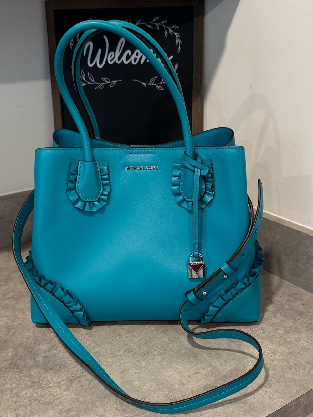 Michael Kors Turquoise Ruffle Mercer Gallery Satchel! Preowned!